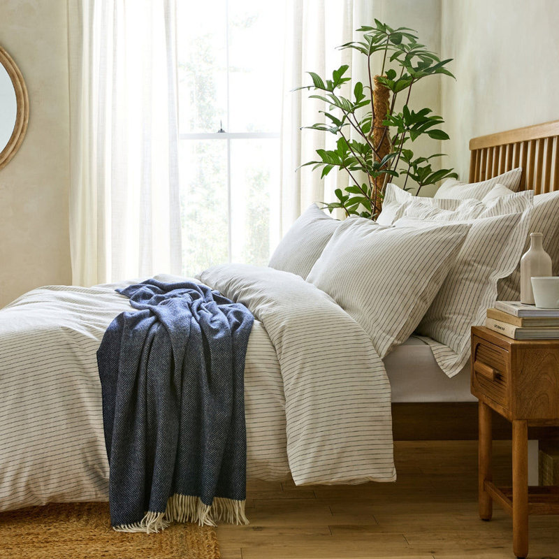 White Linen Cotton Blend Duvet Cover with Pinstripes, Single Duvet Cover