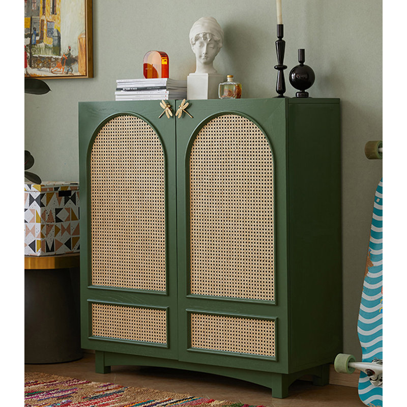 Solid wood adjustable rattan shoe cabinet, Green
