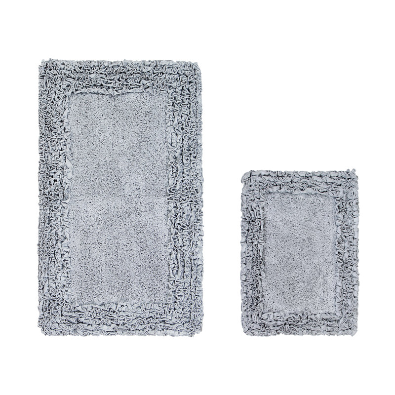 Ensemble de tapis de bain 100% coton 1775 g / m² 2 pièces Courson Premium, certifié OEKO-TEX®, envers en latex antidérapant, motif de volants touffetés moelleux, super absorbant, tapis de salle de bain lavables à la machine, argent
