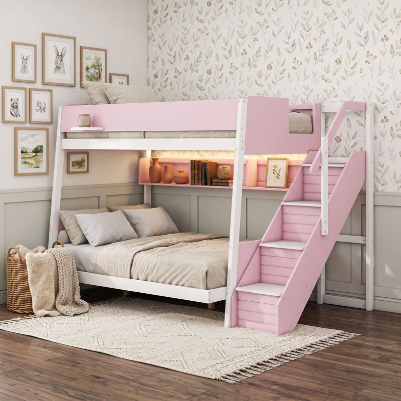 Lit superposé en bois avec tablettes, escalier à rayures, DEL et garde-corps, Jumeaux sur complet, Rose