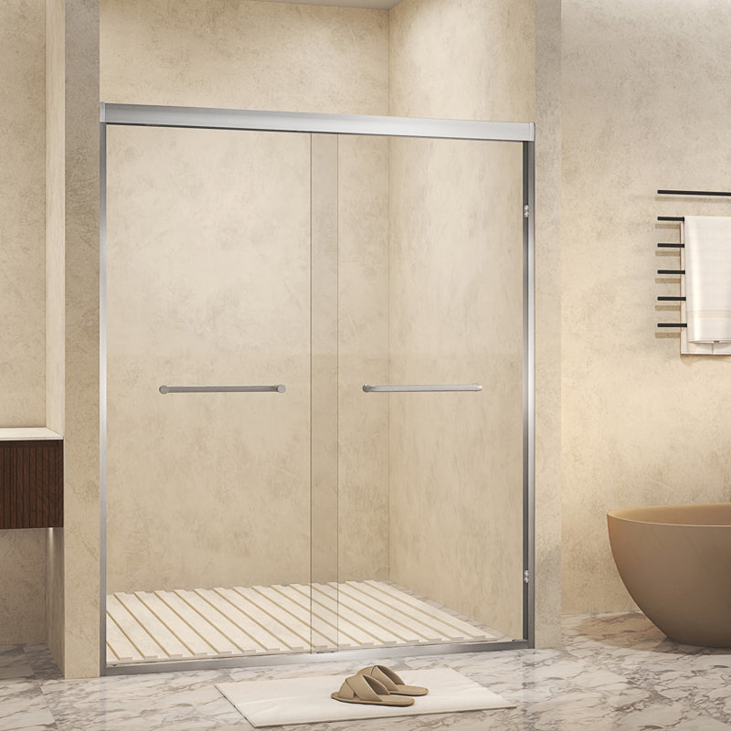 50-54 X 72 Inch Tempered Glass Shower Door With Explosion Proof Film, Aluminum Frame, And Stainless Steel Handle