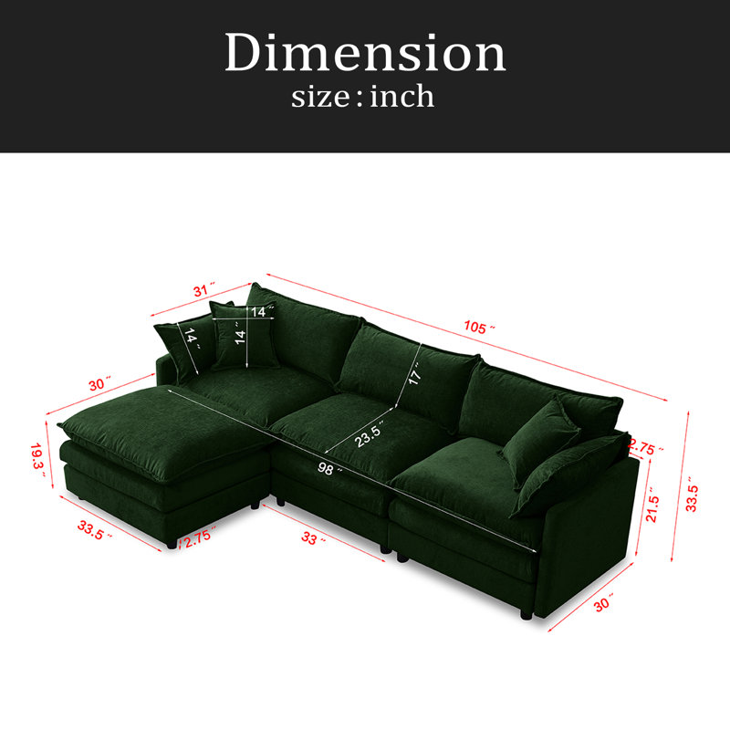 Canapé modulaire de 105 po en tissu de chenille rembourré de 105 po avec canapé à 3 places et repose-pieds, Chenille verte