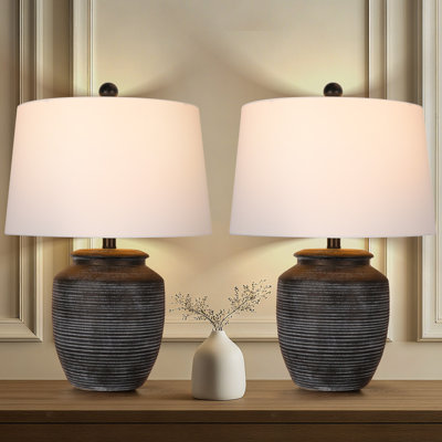 28" Rustic Ceramic Pot Table Lamp for Bedroom Living Room Dining Home Office Entryway, Black