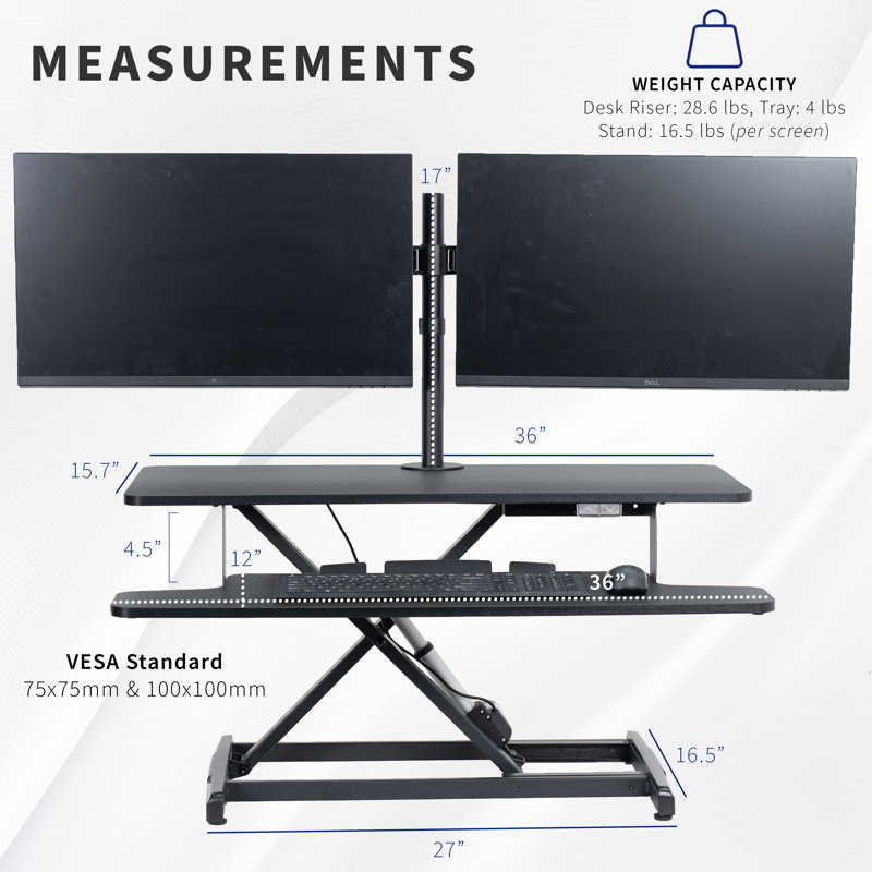 Vivo Black 36" Electric Desk Riser With Dual Monitor Arm For Up To 30" Screens