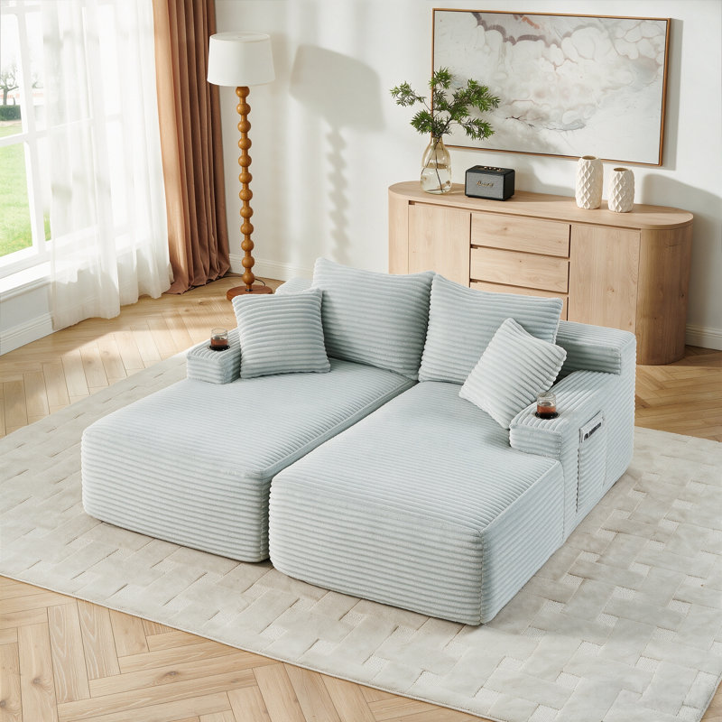 Chaise longue double compressible avec porte-gobelets et design convertible, aucun assemblage requis, Blue,Grey Corduroy