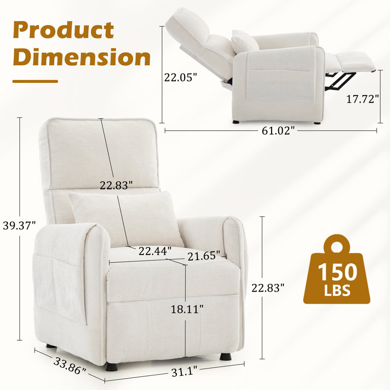 Recliner Chair, Small Recliners For Small Spaces, Electric Recliner Chairs For Adults With Memory Function, Reclining Chair With Pillow And Side Pockets