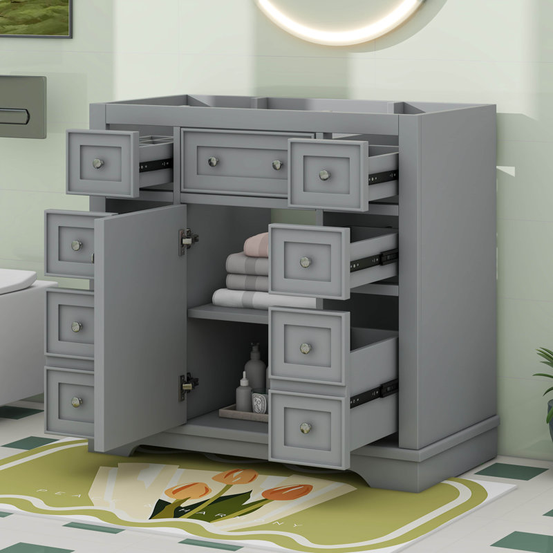 36" Bathroom Vanity Without Sink And Six Drawers, Gray