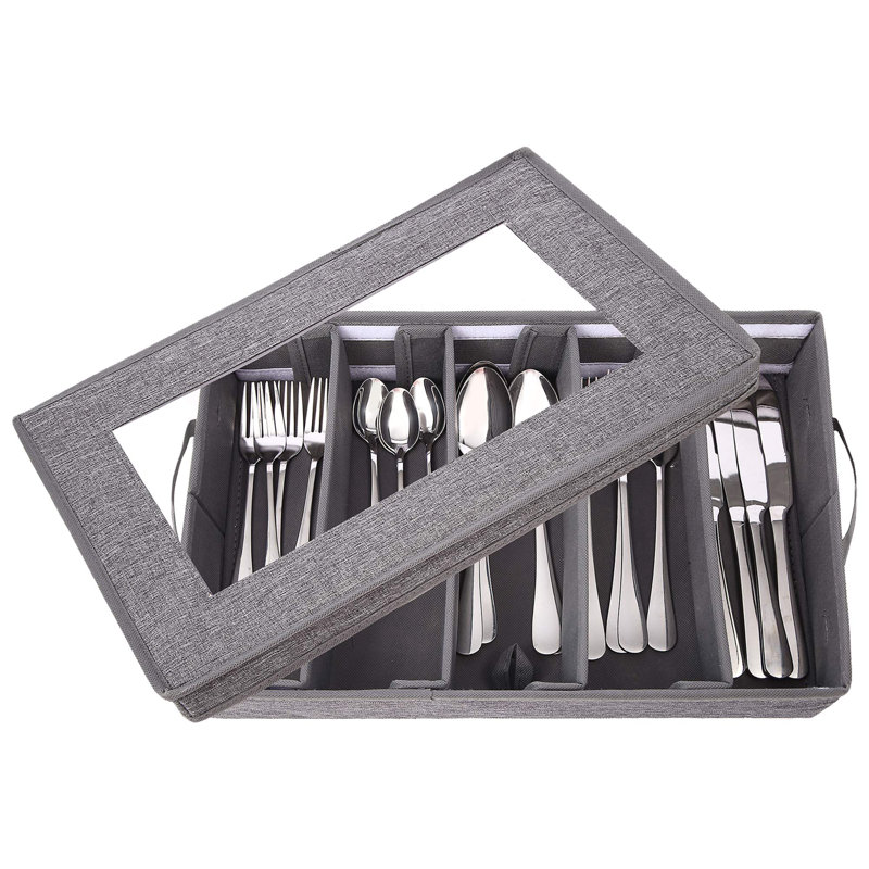 Silverware Storage Box, Flatware Storage, Utensil Storage With Removable Lid And Adjustable Dividers For Organizer Utensils, Cutlery, Flatware, Knives, Large Capacity Grey