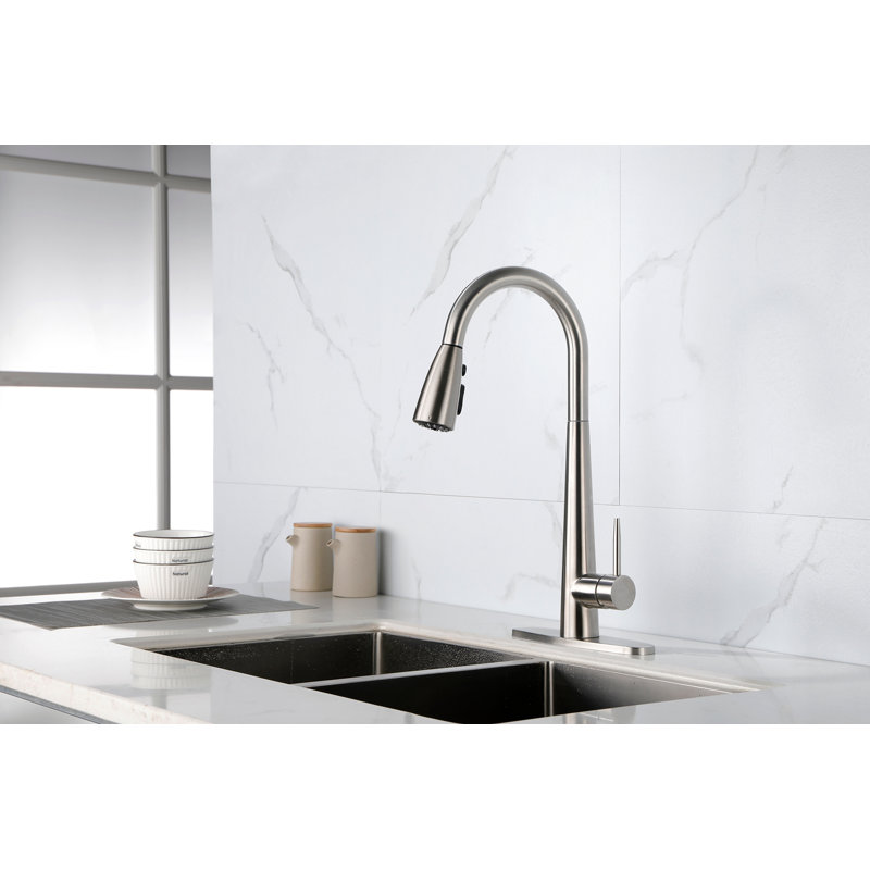 Robinet d'évier de cuisine à poignée simple en acier inoxydable avec douchette extractible, Nickel brossé