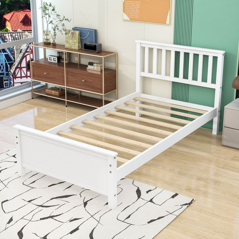 Twin Size Wood Platform Bed with Headboard, White