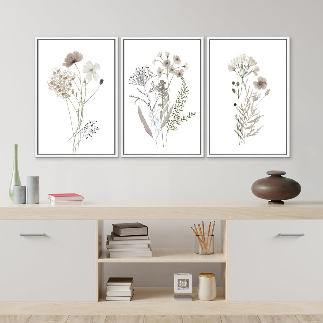 Minimal Botanical "Wildflowers Floral Artwork, Simple Neutral Minimalist Wall Pictures, Large Framed Canvas Giclee Print 3 Pieces Wall Art" IDEA4WALL Frame 