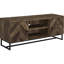 Console de télévision en chêne rustique avec portes à chevrons, rangement réglable et base industrielle en métal, finition, tablettes de rangement