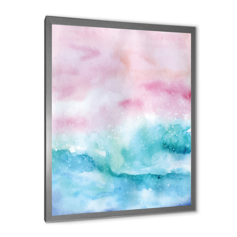 Abstrait océan rose et vagues bleues III - Peinture, H 12 po x l 8 po x P 1 po, Cadre photo argenté