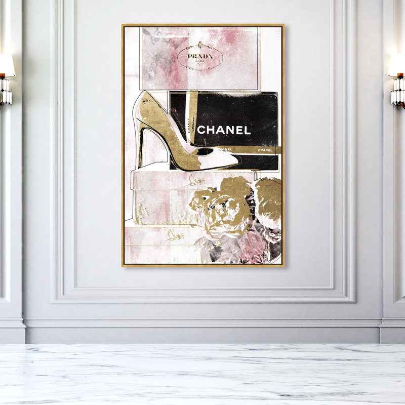 " Luxury Stacked Shoes Rose ", Gold Framed, 54" H x 36" W