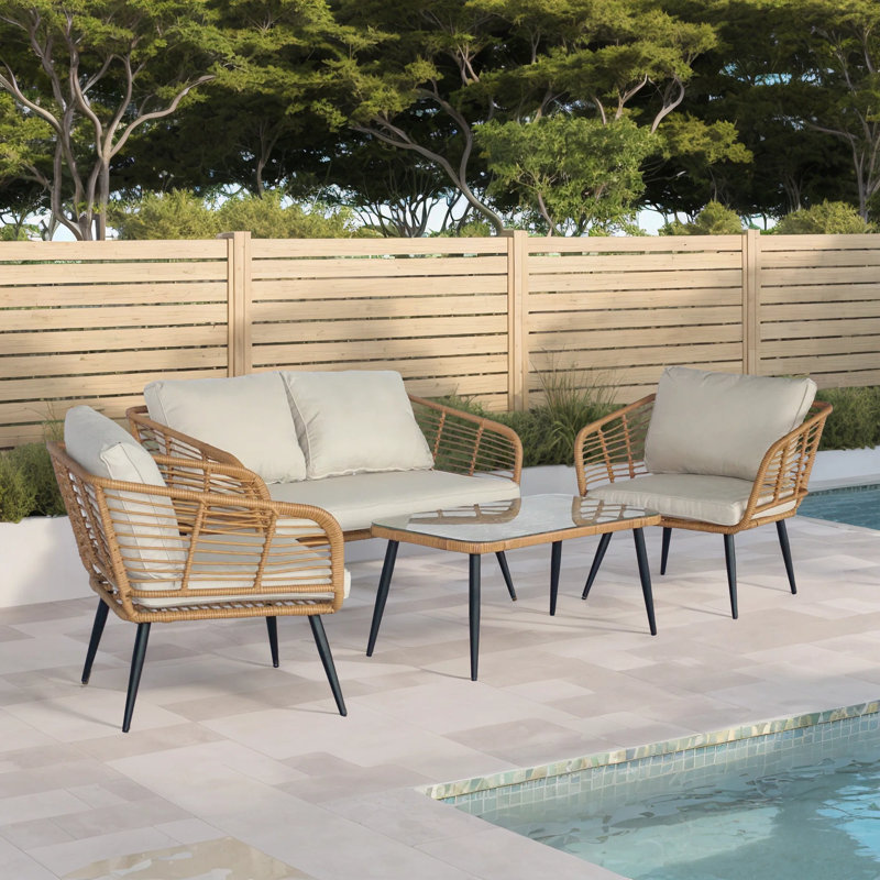 Ensembles de conversation pour patio Gonneke 4 personnes avec coussins, Crème, crème