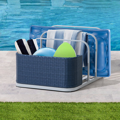 Sunjoy Rust-proof Aluminum Pool Float Storage Rack, 35 Inch Outdoor Wicker Poolside Float Organizer, Pool Float Caddy for Cushions, Floaties, Noodles, by Sunjoy