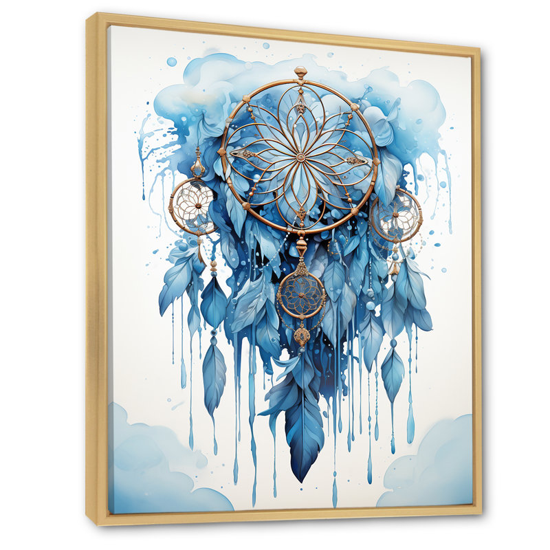 «Blue Boho Dreamcatcher Watercolor I», reproduction sur toile, H 20 po x l 12 po x P 1 po, Cadre naturel flottant