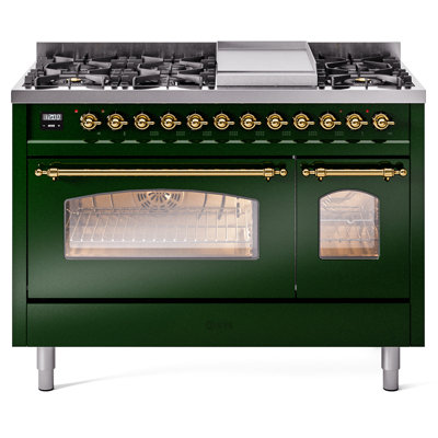 Cuisinière à double combustible de 48 po avec 8 brûleurs scellés et plaque chauffante (porte vitrée) ILVE Nostalgie II Series