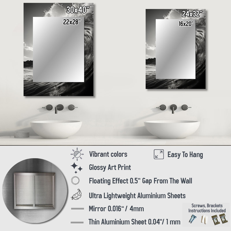 Vague noire et blanche photo I - grand miroir de plage, miroir mural décoratif gris, impression d'art en métal, 32 po x 24 po