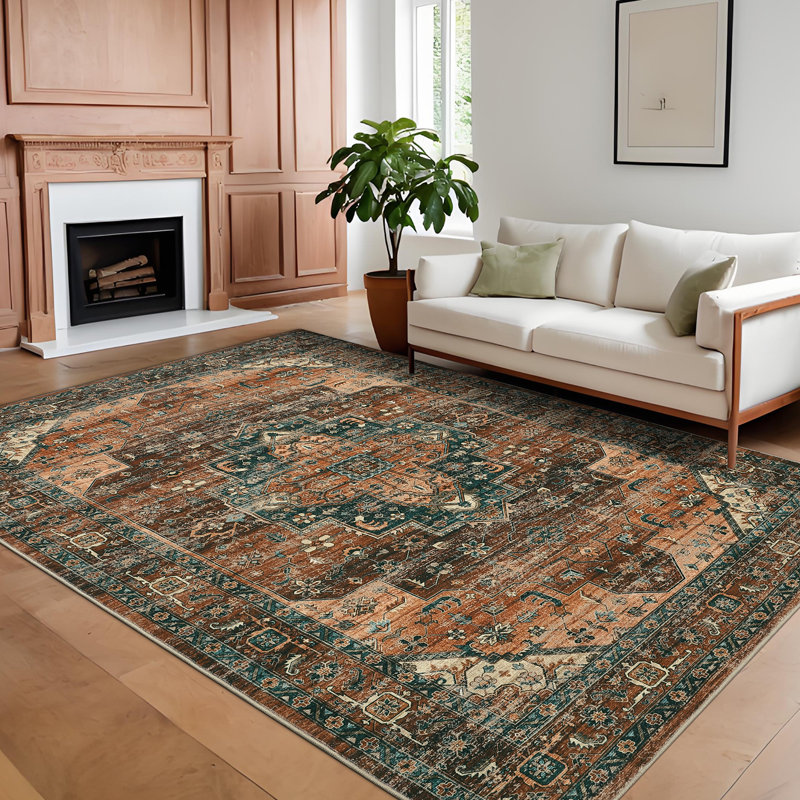 Oriental Machine Washable Area Rug for Living Room Non-Slip Vintage Carpet with Rubber Backing for Bedroom Hallway Dining Room Kitchen Office Farmhouse