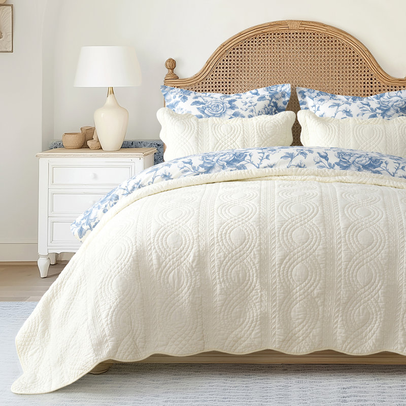 Ensemble de courtepointe 100% coton Scallop Edge, Ivoire blanc, Courtepointe très grand et 2 très grandes taies 