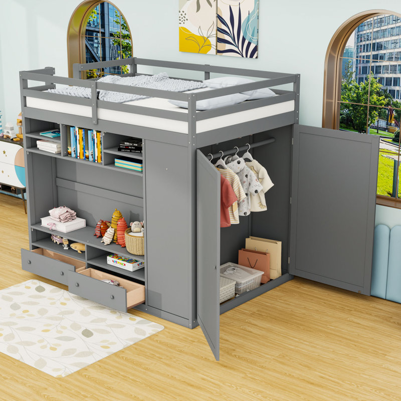 Lit mezzanine double 2 tiroirs avec tablettes, lumières DEL et garde-robe, Gris