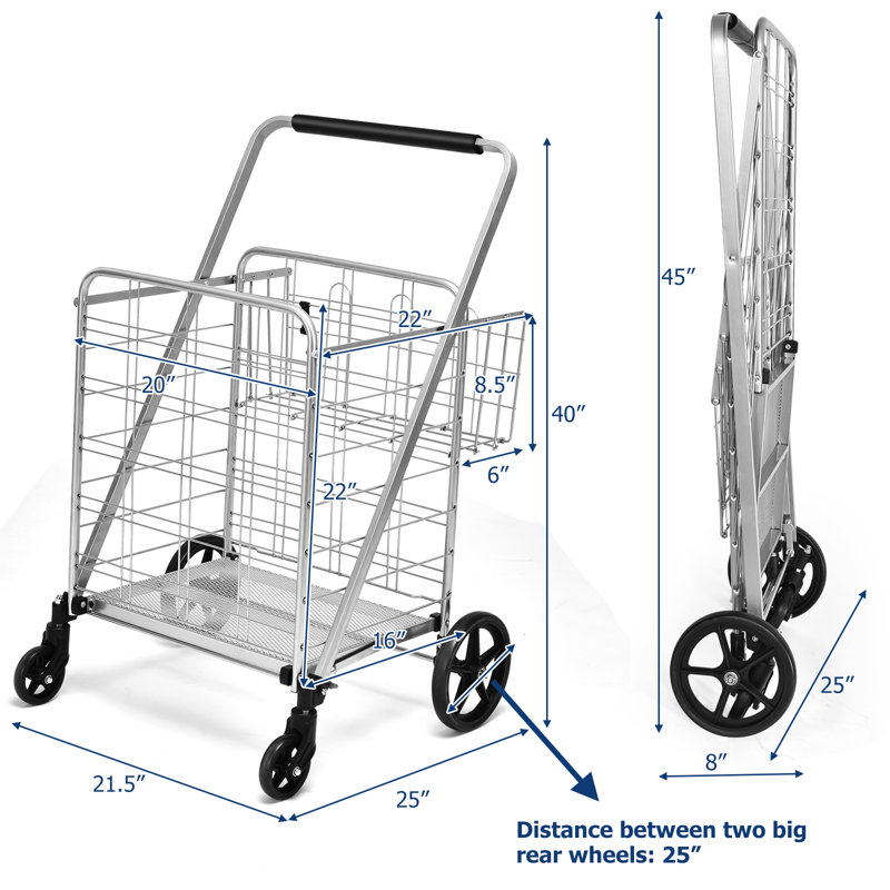 Chariot d'épicerie pliable à double panier avec roulettes, Argent argent