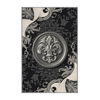 Machine Washable Cain Silver Medal Classic Damask Rug in Gray – Gray Binding