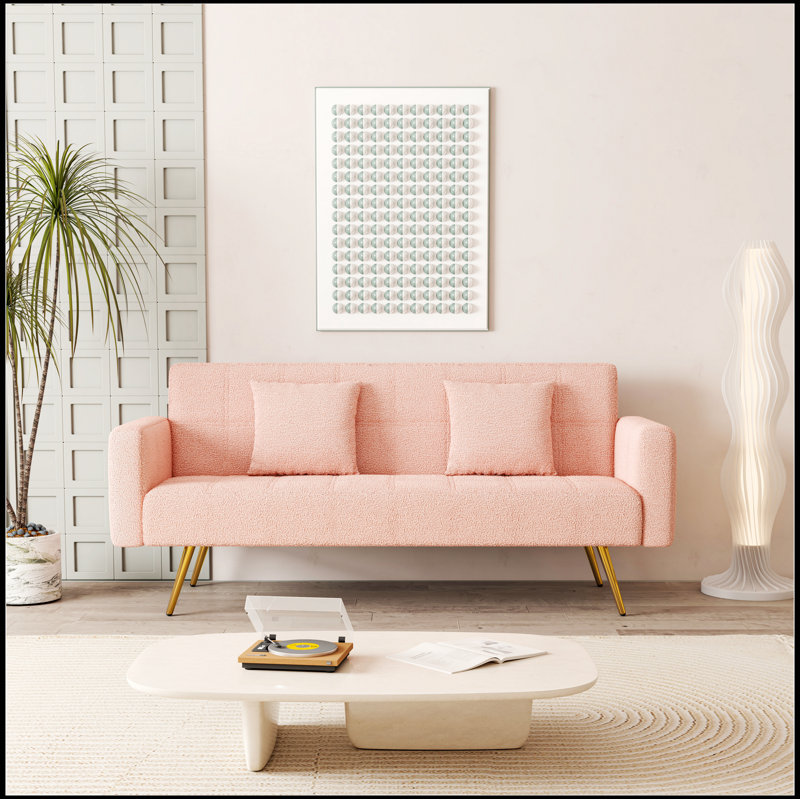 Quiniya 71.26" Modern Velvet Sofa Bed Folding Couch with Two Throw Pillows for Living Room, Pink Fabric