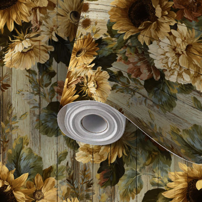 Peel and Stick Wallpaper Contact Paper Distressed Wood Sunflower Floral Print Retro Fabric Design Self Adhesive and Removable 24in x 118in(60x300cm)