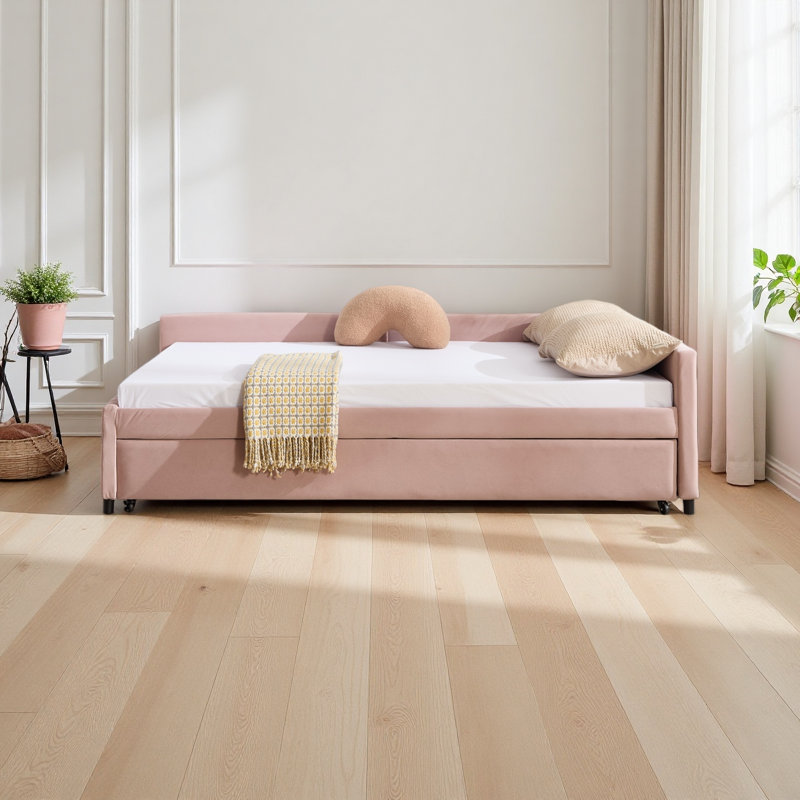 Upholstered Daybed With Trundle,Sturdy Wooden Bed Frame, Modern Diamond Grid Design,For Bedroom, Guest Room, Pink