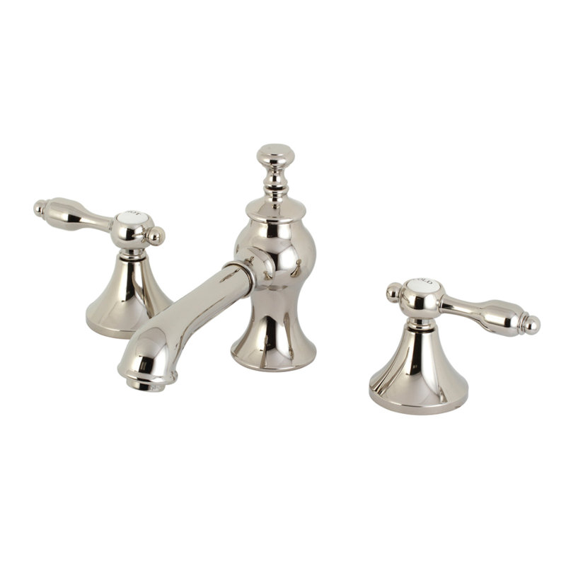 Kingston Brass Tudor Two-Handle 3-Hole Deck Mount Widespread Bathroom Faucet with Brass Pop-Up Drain, Polished Nickel