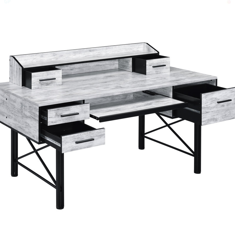 Antique White And Black 5-Drawer Computer Desk