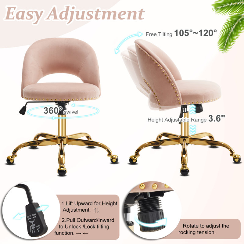 Fauteuil de bureau avec roulettes, Rose, Velours