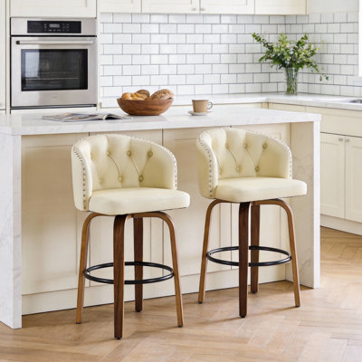 2 tabourets de comptoir rotatifs 2 pièces (26 pouces), revêtus de similicuir avec pieds en bois franc et dossier capitonné, sièges de style Mid-Century pour îlot de cuisine, blanc