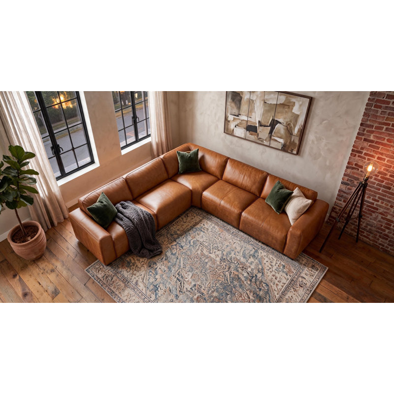 Canapé modulaire en cuir fleur Fernagh, Cuir véritable brun