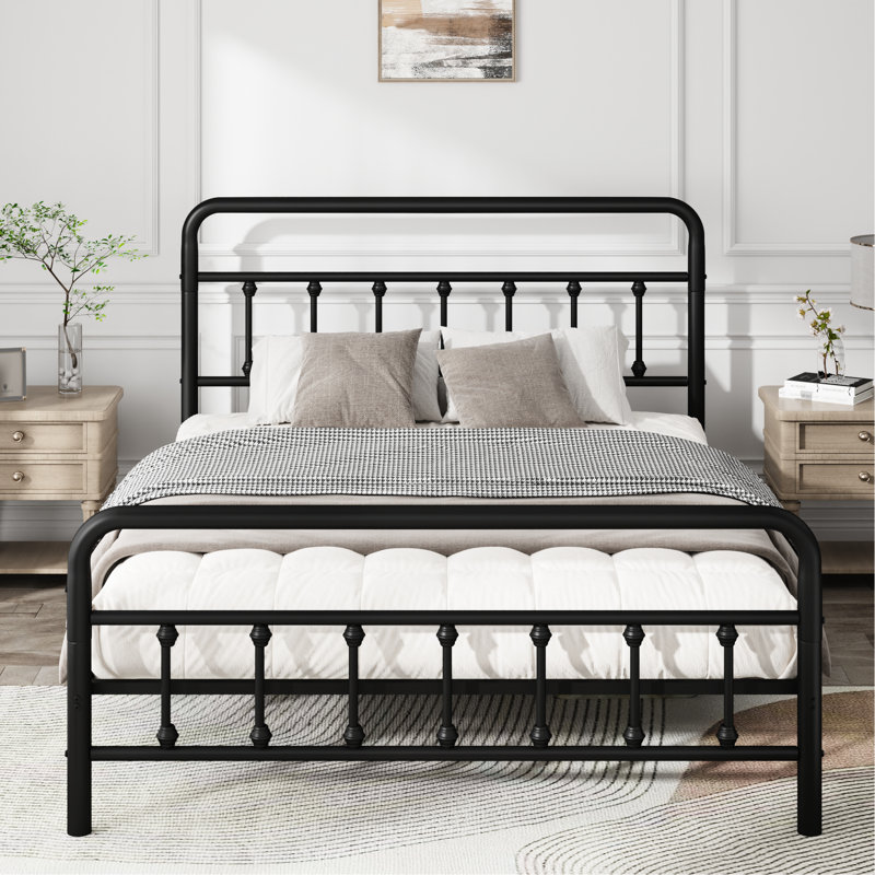 Structure de lit pleine grandeur noire avec tête de lit en métal, structurellement inébranlable et, sous le rangement, sans sommier, design classique, matériau texturé épais, rangement spacieux pour l'organisation