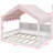 Wooden Floor House-Shaped Daybed With Fense,3 Storage Bookshelves,Curtain And LED Light-1956932676