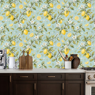 Peel and Stick Wallpaper Farmhouse Decor Lemon Blossoms Lemons Contact Paper Removable Self Adhesive Wall Mural Wall Decor for Bedroom Kitchen Cabinets 17.7in x 118in