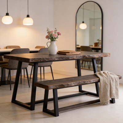 Modern Natural Elm & Black Dining Table & Bench Set