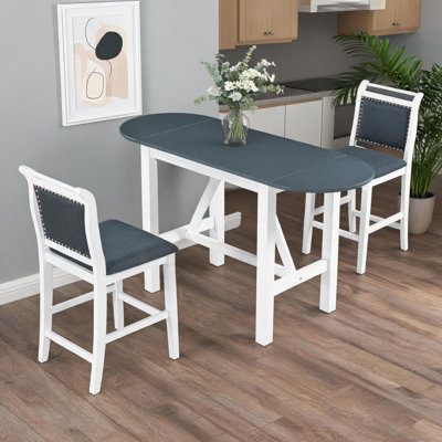 3-Piece Wood Counter Height Dining Set, Drop Leaf Dining Table with 2 Upholstered Chairs for Small Spaces, White