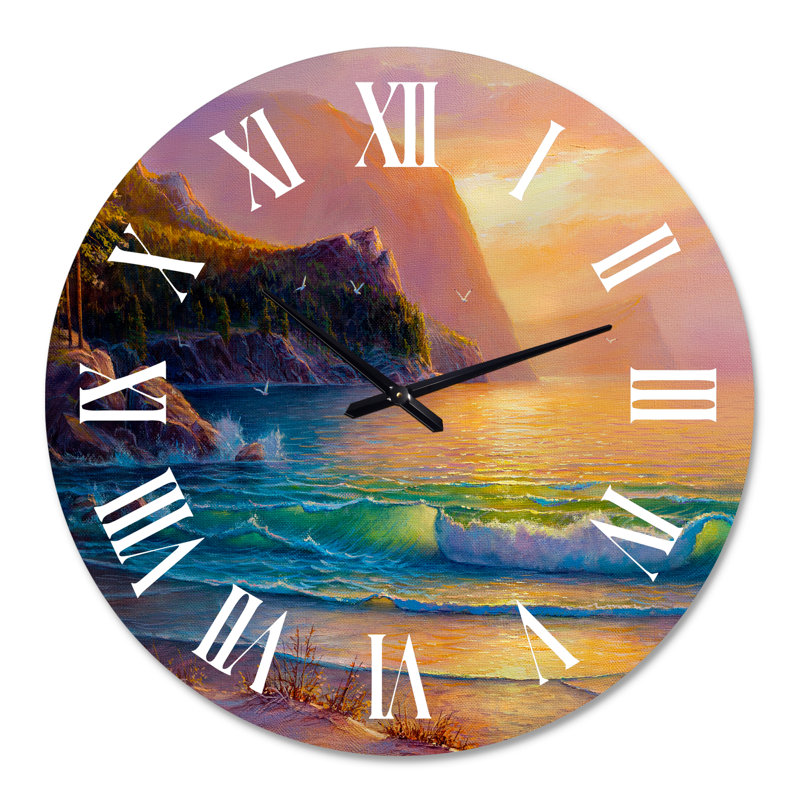 Plage romantique pendant un coucher de soleil chaud - horloge murale nautique et côtière, Grand