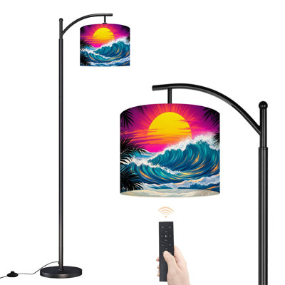 Arc Floor Lamp Vibrant Sunset Dynamic Ocean Waves Tropical Palm Silhouettes Floor Lamps with Remote LED Lights Adjustable Lamp Shades Tall Standing Lamps for Reading Office Living Room