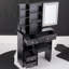 Petit meuble-lavabo de bureau à gauche avec petit tabouret + tabouret rembourré, grand coulissant, commande tactile, interrupteur tricolore, miroir DEL à réglage de la luminosité, rangement grande capacité