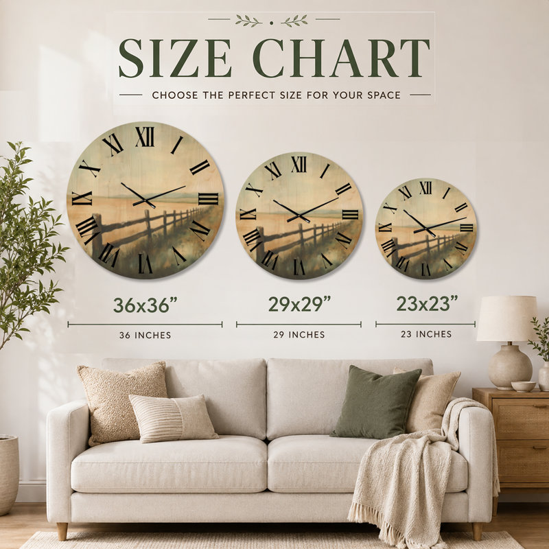 Horloge murale rustique Prairie Fence - Style ferme, en bois massif beige, Très grand