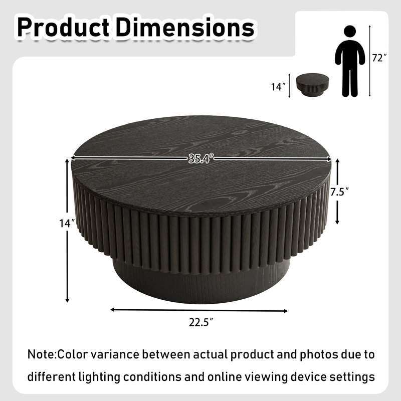 Round Drum Coffee Table with Storage, Black, 14" H x 35" W x 35" D