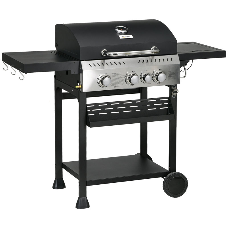 Outsunny 3+1 Gas Burner Grill 11.5 kW with Wheels Warming Rack Black