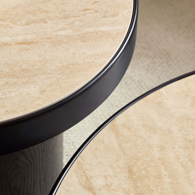 Ensemble de 2 tables basses rondes avec plateau en pierre frittée, repose-pieds robustes, antidérapants et faciles à nettoyer pour le salon