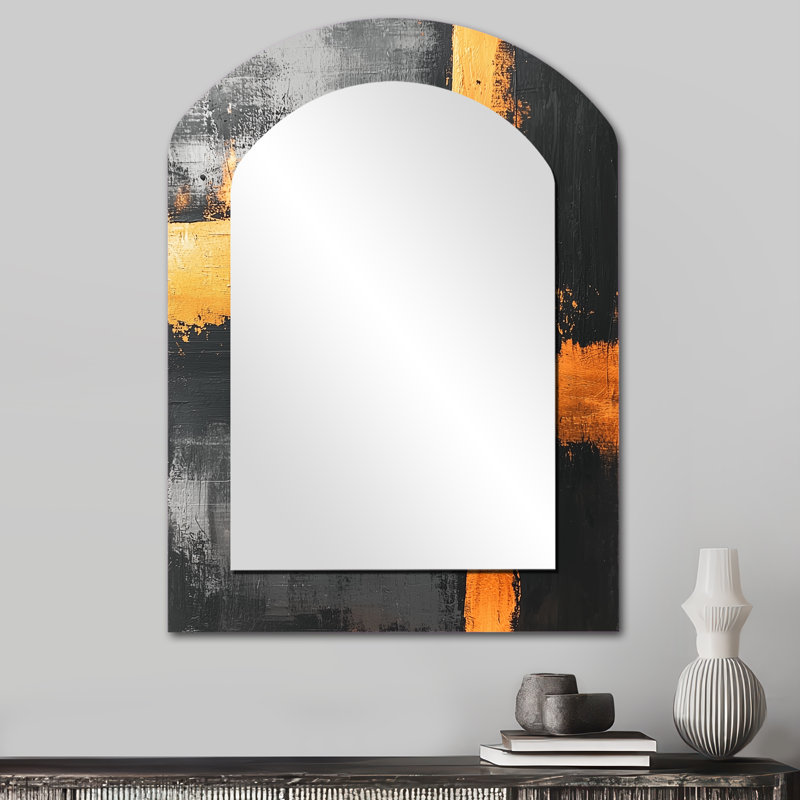 Black And Gold Converge Dream I - Line Art Arch Decorative Mirror, Modern Asymmetrical Wall Mirror, Printed Metal Art