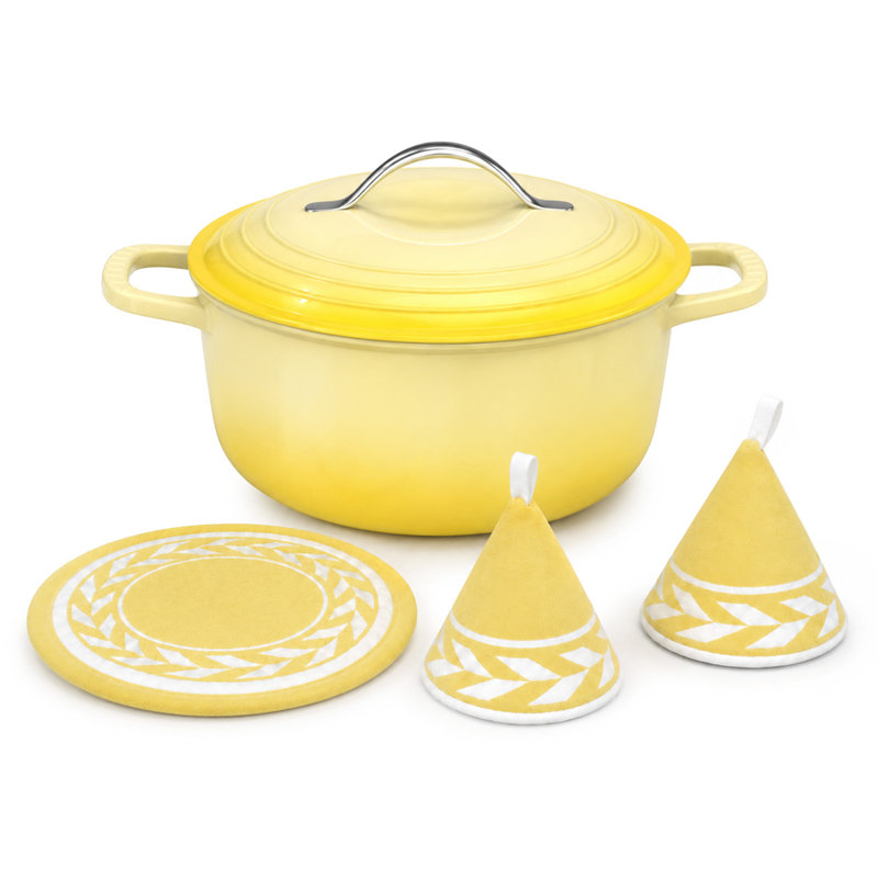 Cocotte ronde en fonte émaillée jaune de 5 pintes avec gants et dessous de plat résistant à la chaleur, Jaune